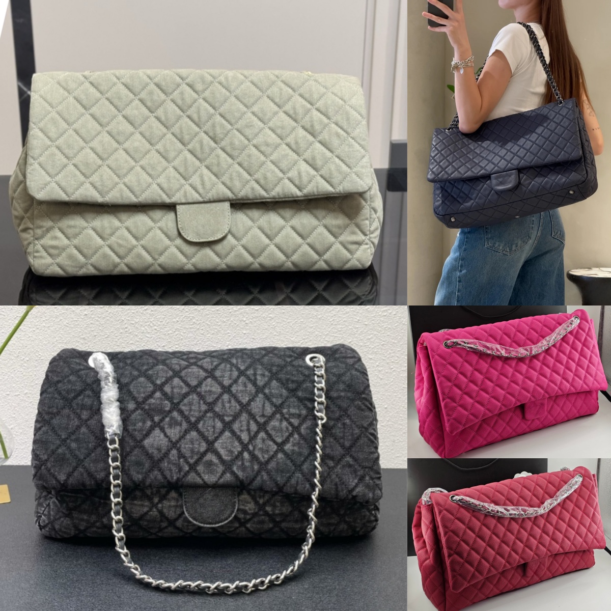 Classic largest single cover bag 46cm shopping bag, caviar leather quilted bag, cowhide silver/gold chain large capacity crossbody bag