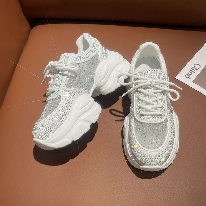 2023 Summer Breathable Thin Women's Trendy Mesh Round Toe Rhinestone Platform Thick Sole Casual Sports Dad Shoes for Women