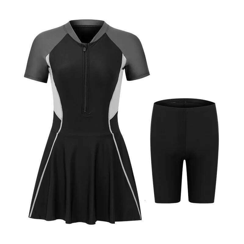 Tunic Split Swimwear Women Two Piece Summer Short Sleeve Swimsuit Vocation Beachwear Modest Bathing Zipper Surfing Suit