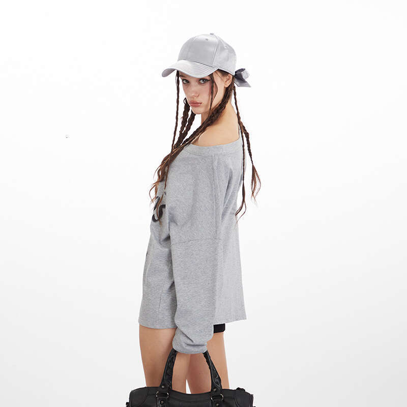 Heyhenry Hot Girl Style Asymmetrical Neck Design Letter Print Long Sleeve Top Women Loose Versatile T-Shirt B5