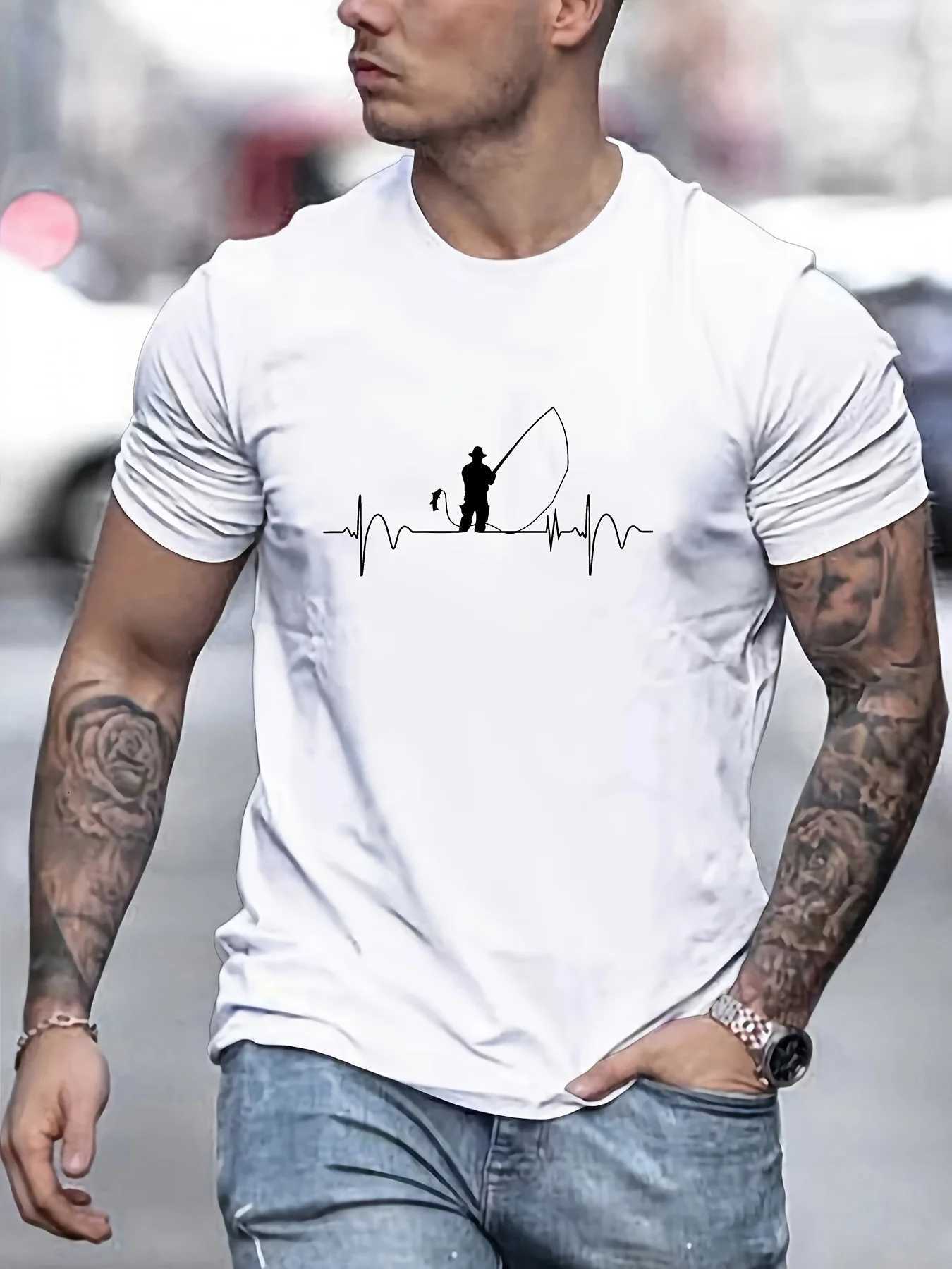 Man Short Sleeve T-shirt Fisherman Print Summer Breathable Streetwear Oversized O-Neck Tee Casual Fashion Clothing Y250819