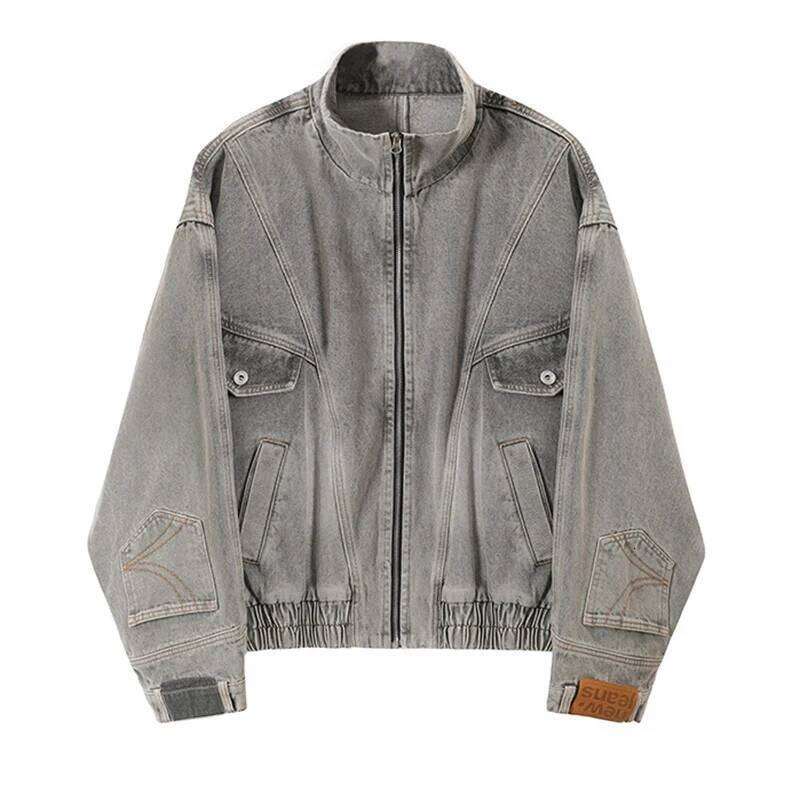 Fashionable Mens Patchwork Jacket Streetwear Vintage Stand Collar Zip-up Denim Jackets For Men Spring Casual Jean Outerwear