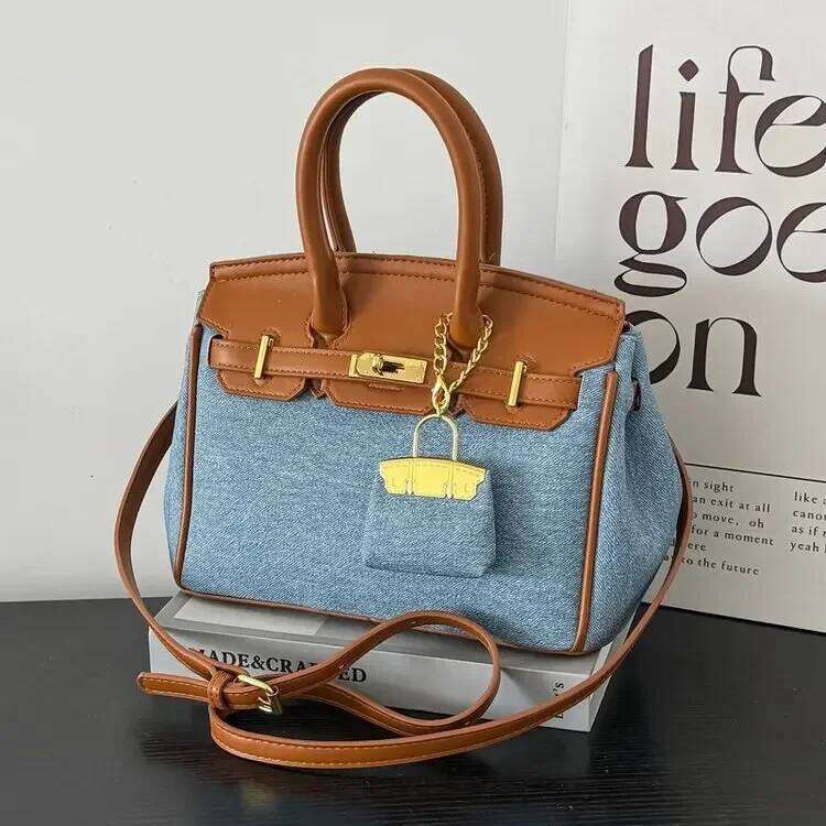 Bohemian Contrast Messenger Bag - New Denim & Leather Crossbody, Versatile Pendant Design for Beach/Brunch/Art Gallery