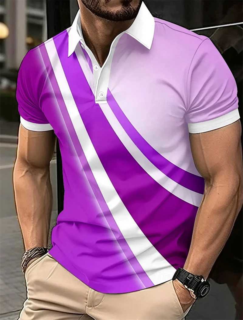 Summer Mens Geometric Line Fashion Trendy Short Sleeve 3D Printed Collared Shirts Business Casual Oversized Tees Tops Y250819