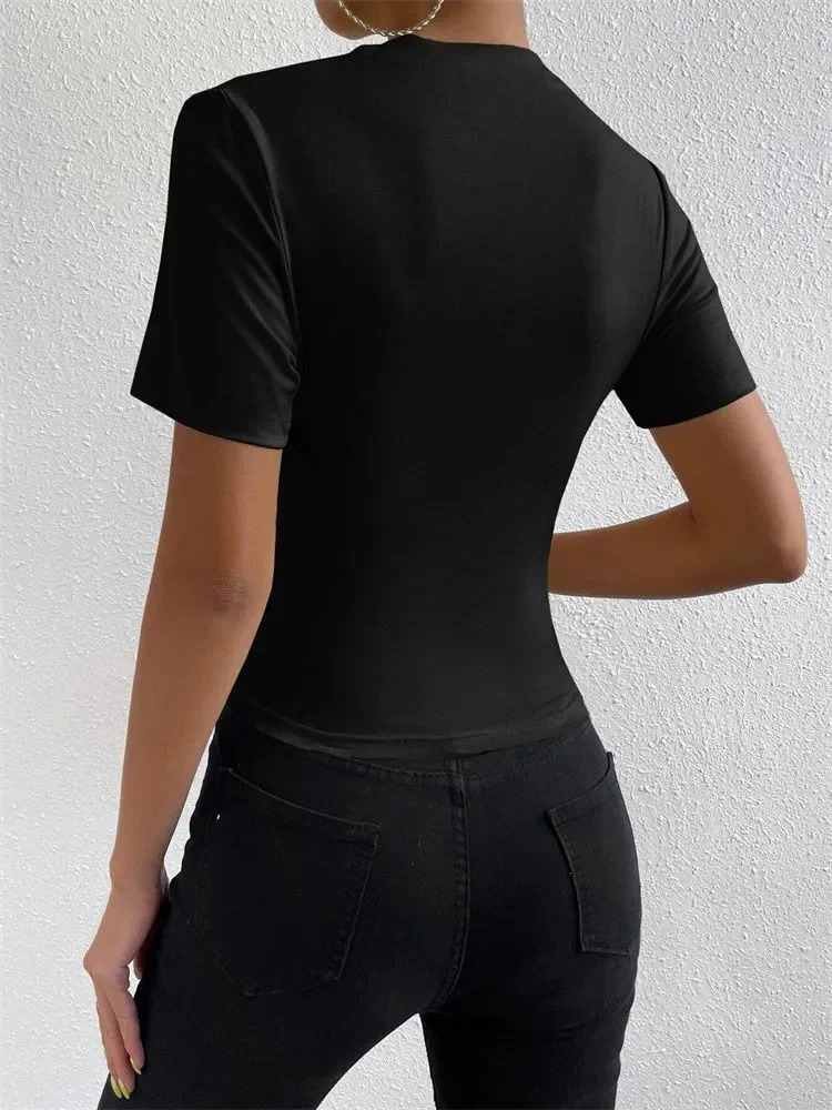 Women Short Sleeve Pleated T-shirt Summer Casual Slim Fit Mock Neck Ruched Tee Top Streetwear 250820