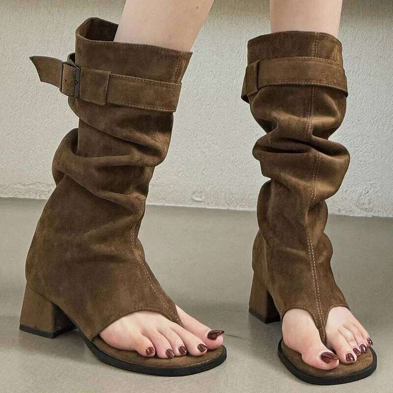 Fashion Buckle Women Knee High Female Flip Flops Shoes Western Ladies Sandals Boots With Square Heels Footwear