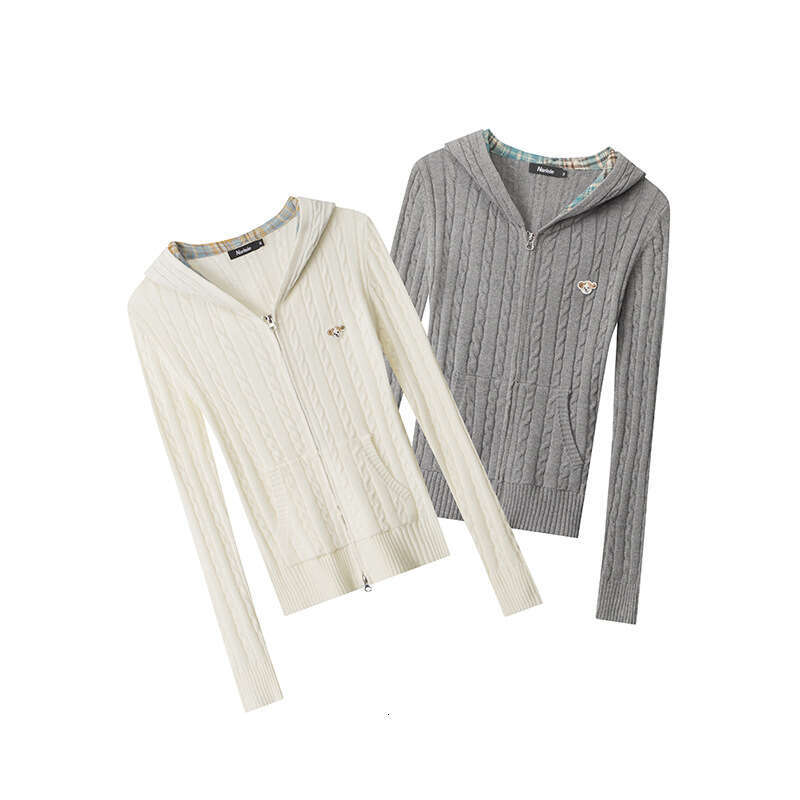 Heyhenry Hooded V-Neck Cable Knit Casual Hot Girl Slim Fit Long Sleeve Zipper Cardigan Short Top For Women B5