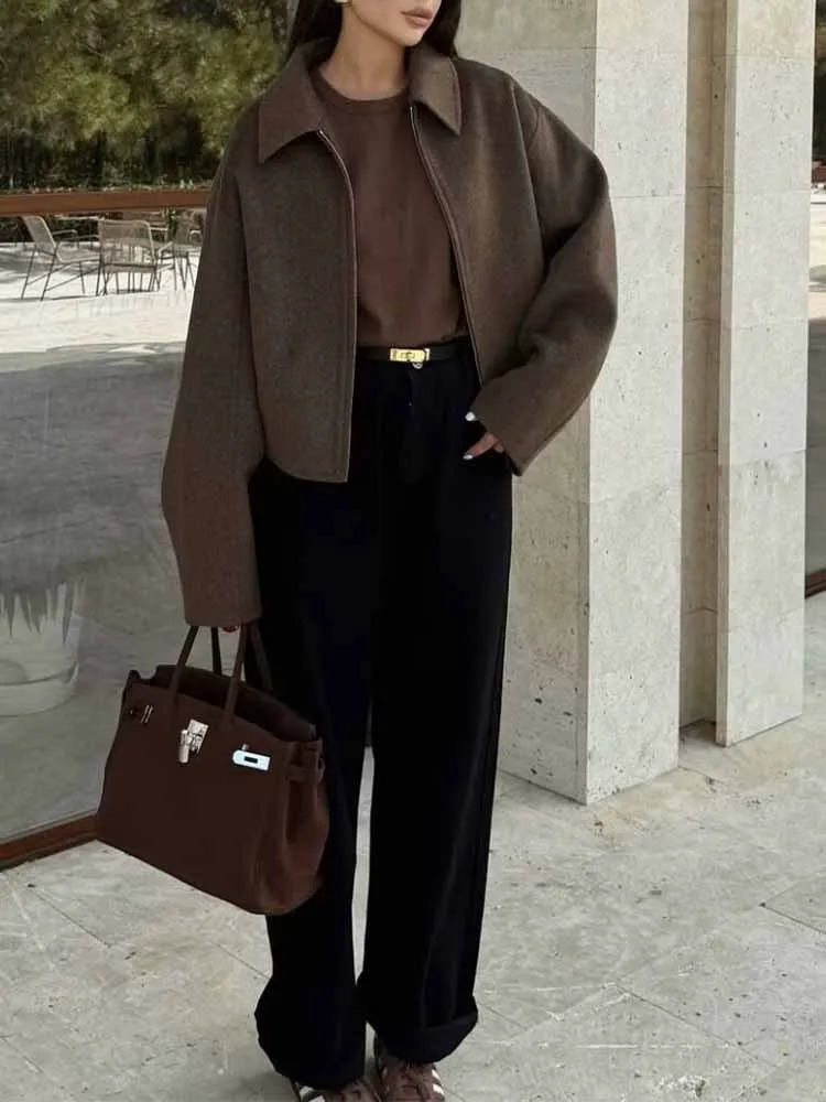 Autumn and winter fashion lapel longsleeved zipper woolen coat 2024 European American loose casual jacket 250815