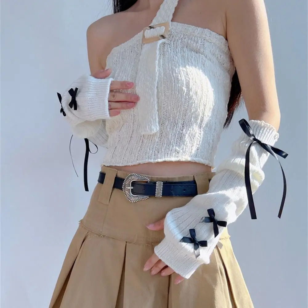 Female Y2K Fashion Arm Warmers Bowknot Soft Knitted Glove Girl Half Finger Mittens Solid Color Thicken Sleeves 250811