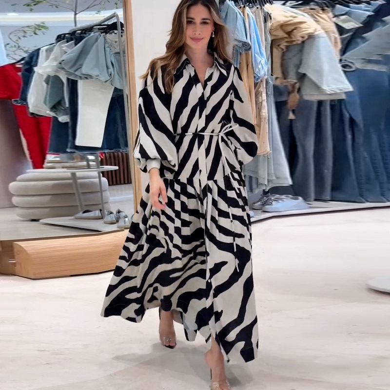 2025 European and American Summer New Elegant Printed Long Sleeve Trumpet Sleeves Fashionable Slimming Women's Dress