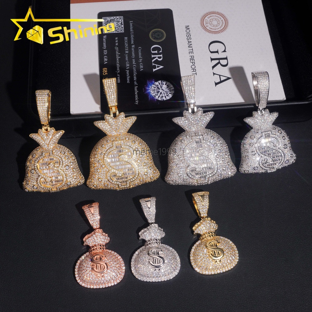Pass Diamond Tester 925 Sterling Silver Wholesale Price Money Bag Iced Out Moissante Hip Hop Pendant