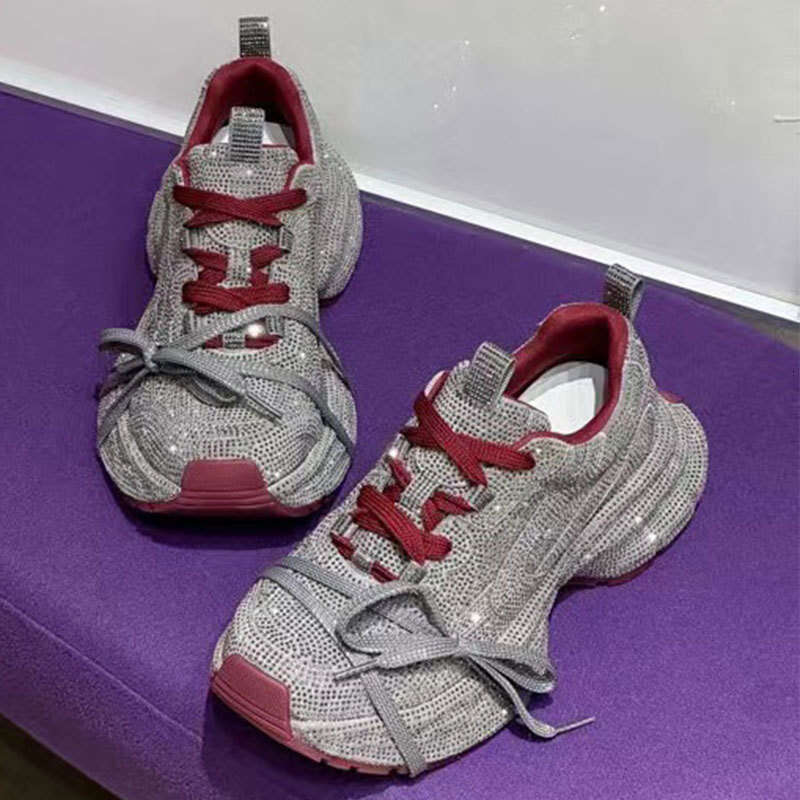 Women's Dad Sneakers Ins Super Popular Full Diamond Lace-up Casual Angora Red Niche Design Stylish Rhinestone Single Shoes
