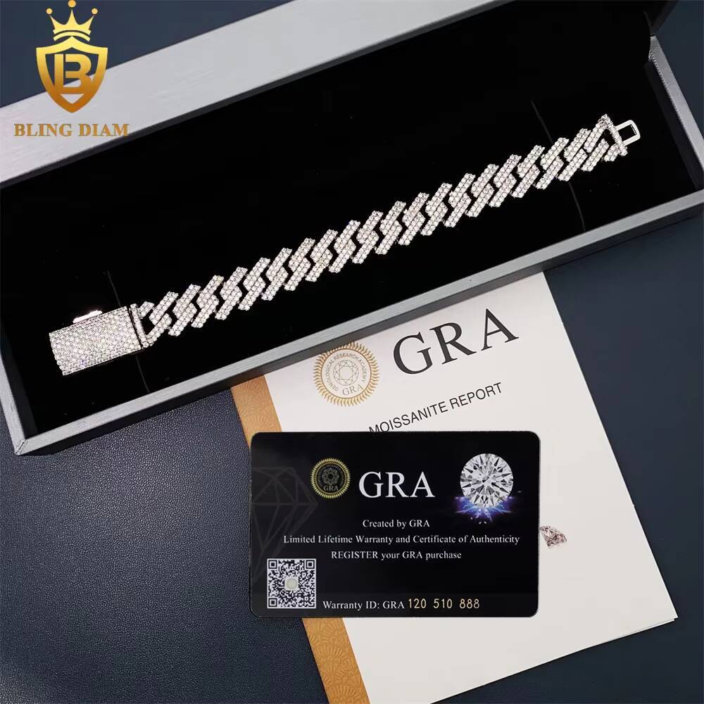 14mm Hot Selling Hip Hop Cuban Link Chain 925 Sterling Silver VVS Moissanite Pass Diamond Tester Bracelet Necklace