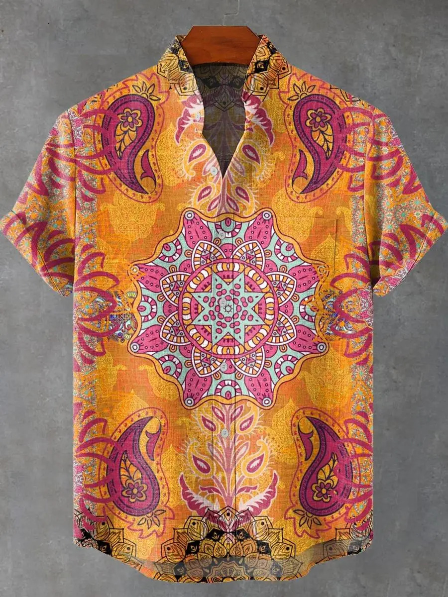 Retro Tribal Totem Pattern Printing Mens Linen Comfortable Fabric Shortsleeved Shirt Casual Street Fashion Delivery Super 250808