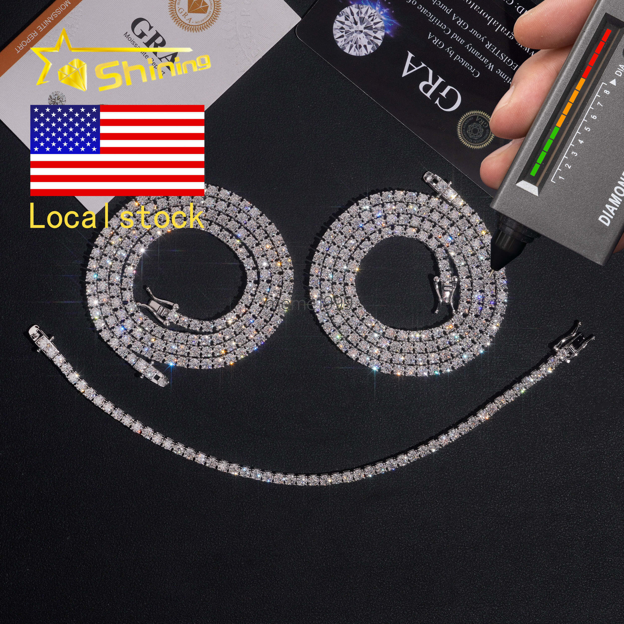 USA Warehouse Large Stock GRA Cert 3MM 925 Solid Silver Hip Hop Iced Out VVS Moissanite Diamond Tennis Chain Bracelet Necklace