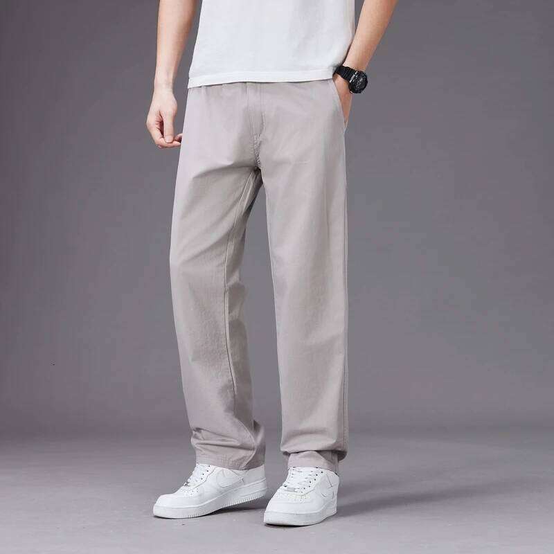 Big Size Casual Pants Men Elastic Waist Straight Leg Fit Summer Trousers Male Loose Cotton Work Wear Plus Large 6XL Khaki Light