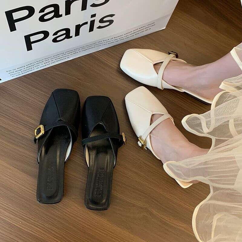 2025 Spring Summer New Versatile Soft Leather Mules Mary Jane Shoes French Style Closed Toe Half Slippers for Women Outdoor Wear
