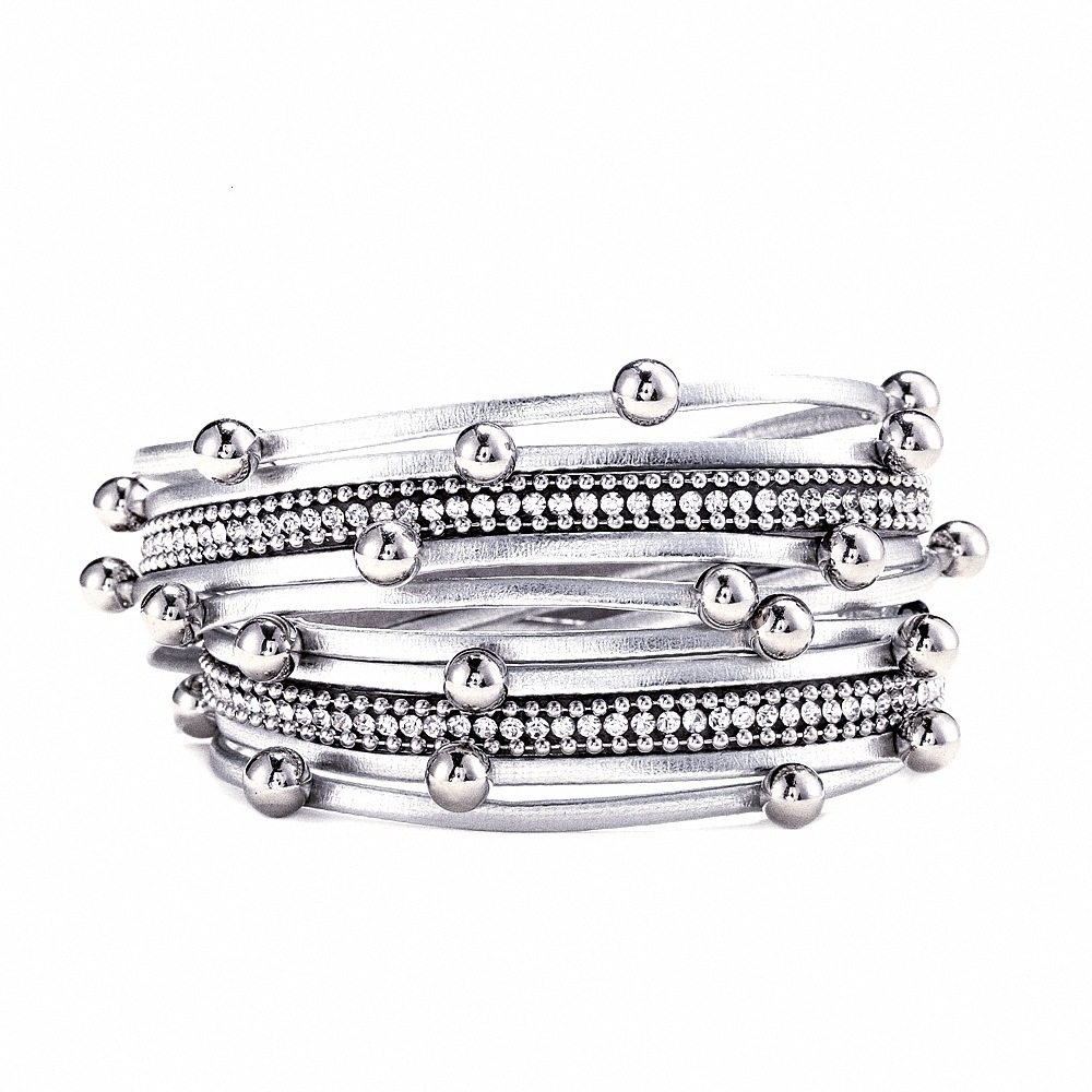 Fashionable Unique Two-Circle Beaded Leather Multi-Layer Bohemian Alloy Magnetic Bracelet