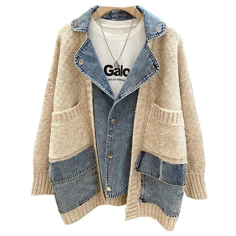 Autumn Winter Women Splicing Denim Jacket Women Long Sleeve Jean Jackets Female Loose Sweater Cardigan Jacket 250820