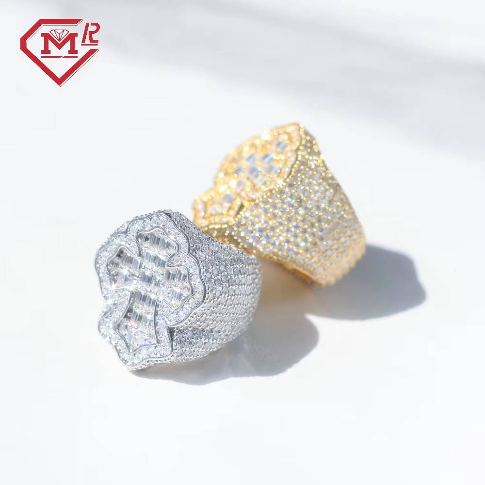 Pass Diamond Tester Moissanite Cross Ring 925 Sterling Sliver Fully Iced Out Vvs Baguette Diamond Moissanite Ring