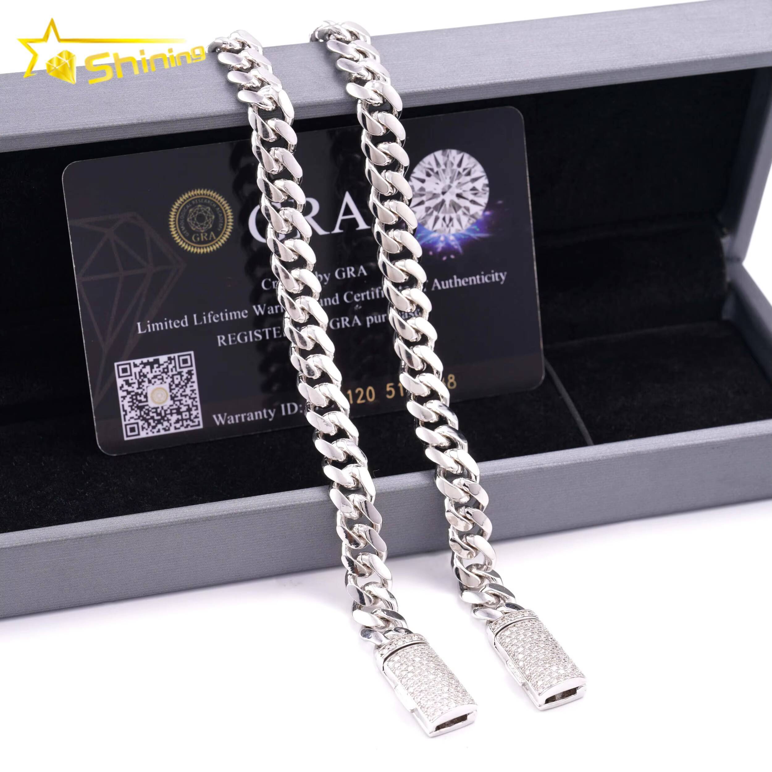 Wholesale 8MM Diamond Moissanite Lock Hip Hop 925 Silver Plain Miami Cuban Link Chain Bracelet