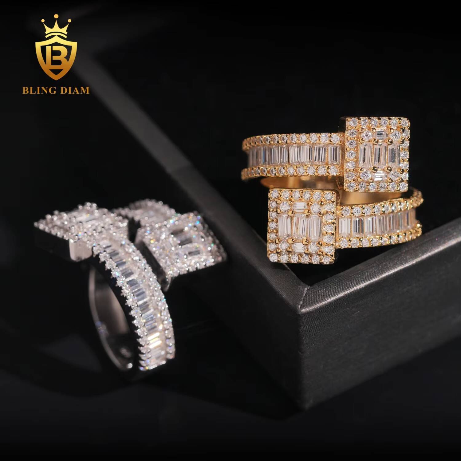 Hip Hop Jewelry 925 Sterling Silver Gold Plated VVS Full Moissanite Lab Grown Diamond Adjustable Open Square Ring for Men