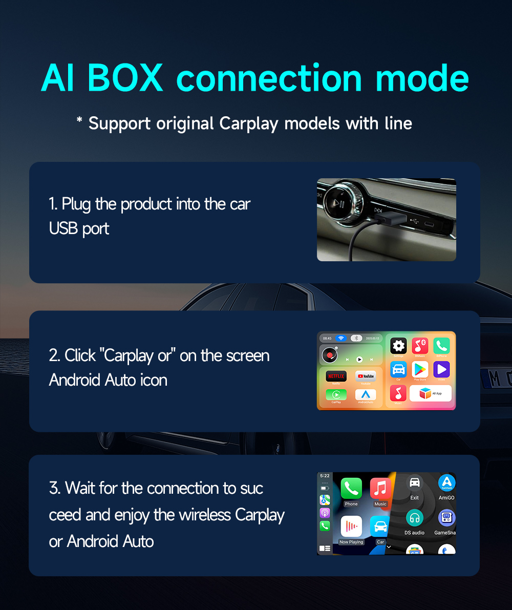 Kowankit Wireless Carplay Android Auto AI Box, Plug & Play Fits Cars,3in1 4+32GB Android 12 Car Play Adapter, RK3528 Chip,USB-Powered, No Delay, Suppo