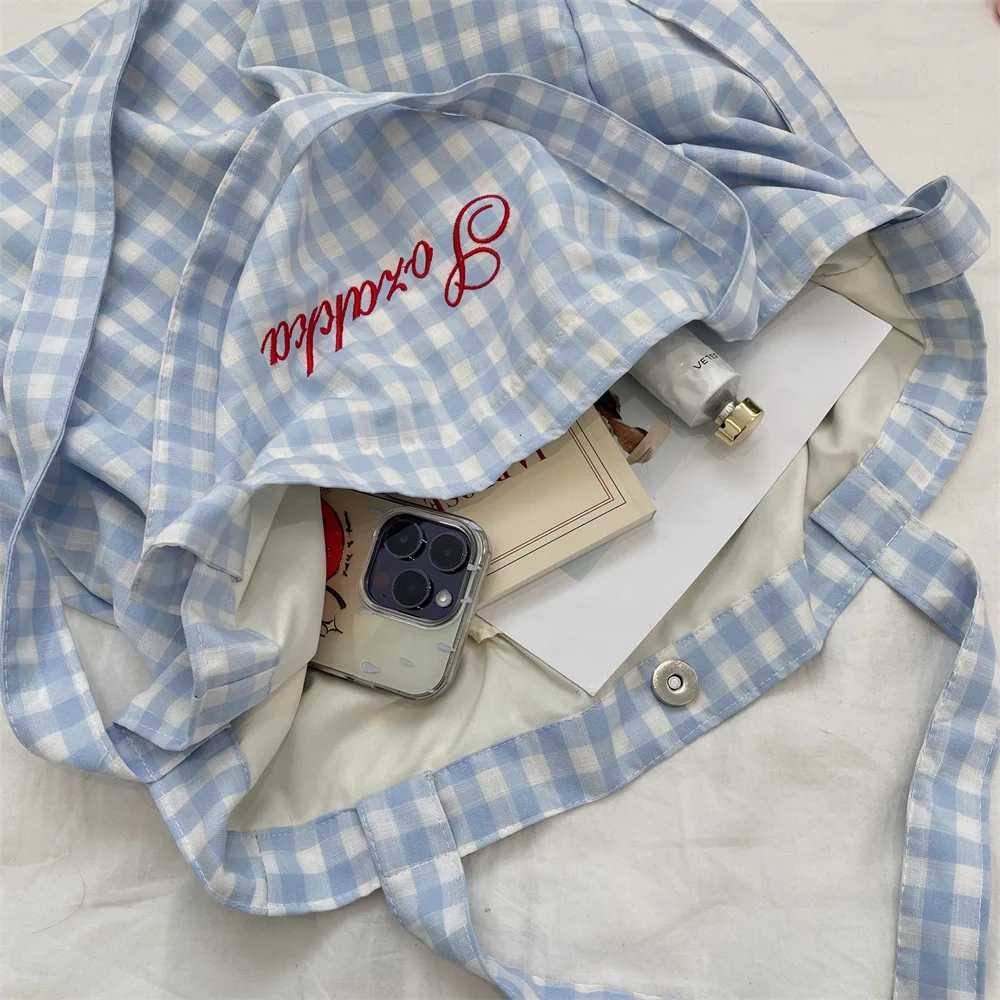 Korean Candy Plaid Lady Tote Bag Sweet Casual Women Crossbody Bag Large Capacity Printing Canvas Shouder Bag Student Handbag Y250819