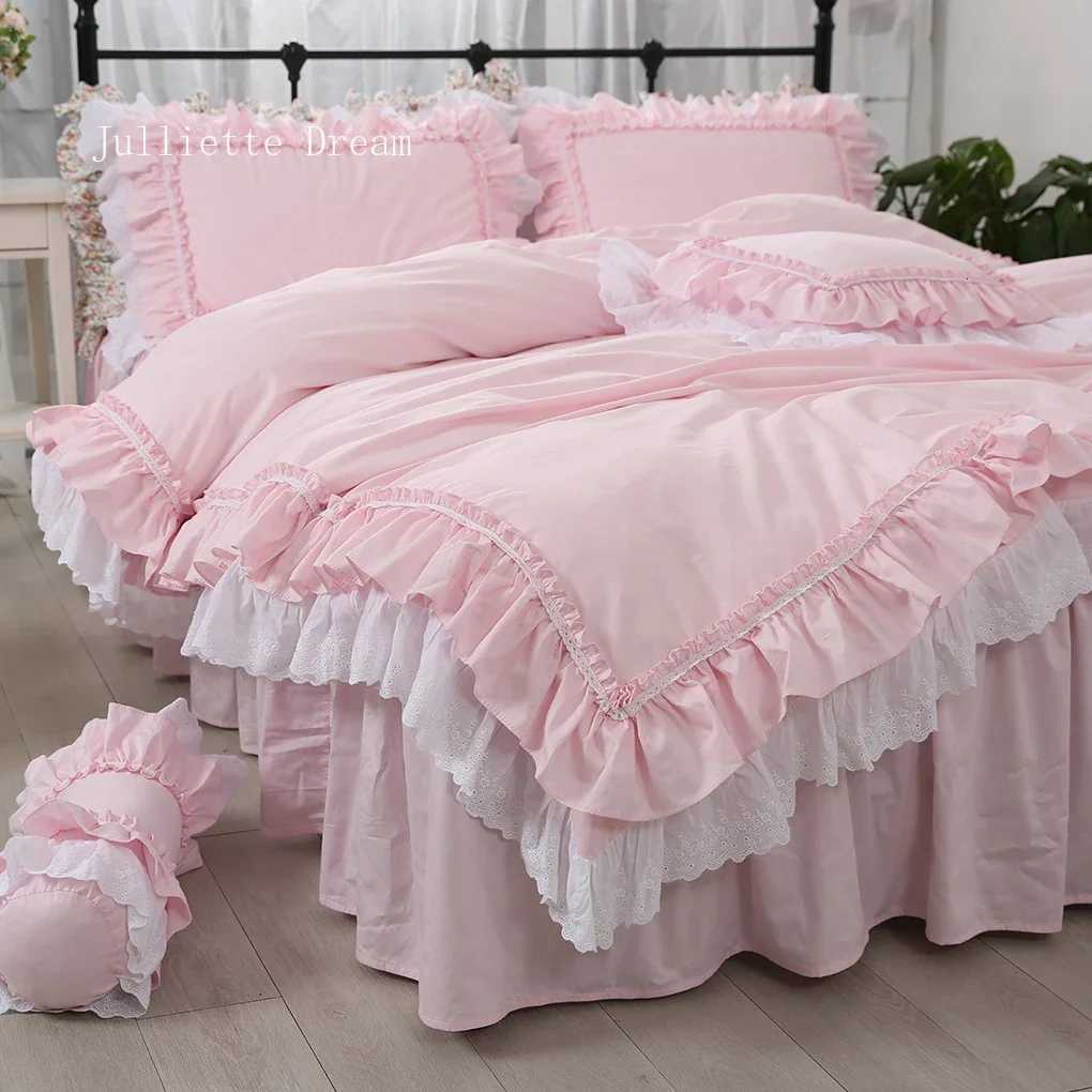 Pink Luxury Bedding Set Super Sweet Princess Bedding Ruffle Duvet Cover Set Wedding Decorative Bedding Bed Sheet Cover Linen Y250819