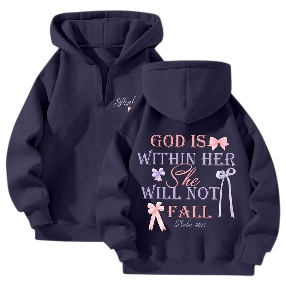 Black Women's Letter Fashion Double-Sided Print Quarter Zip Fleece Sweatshirt