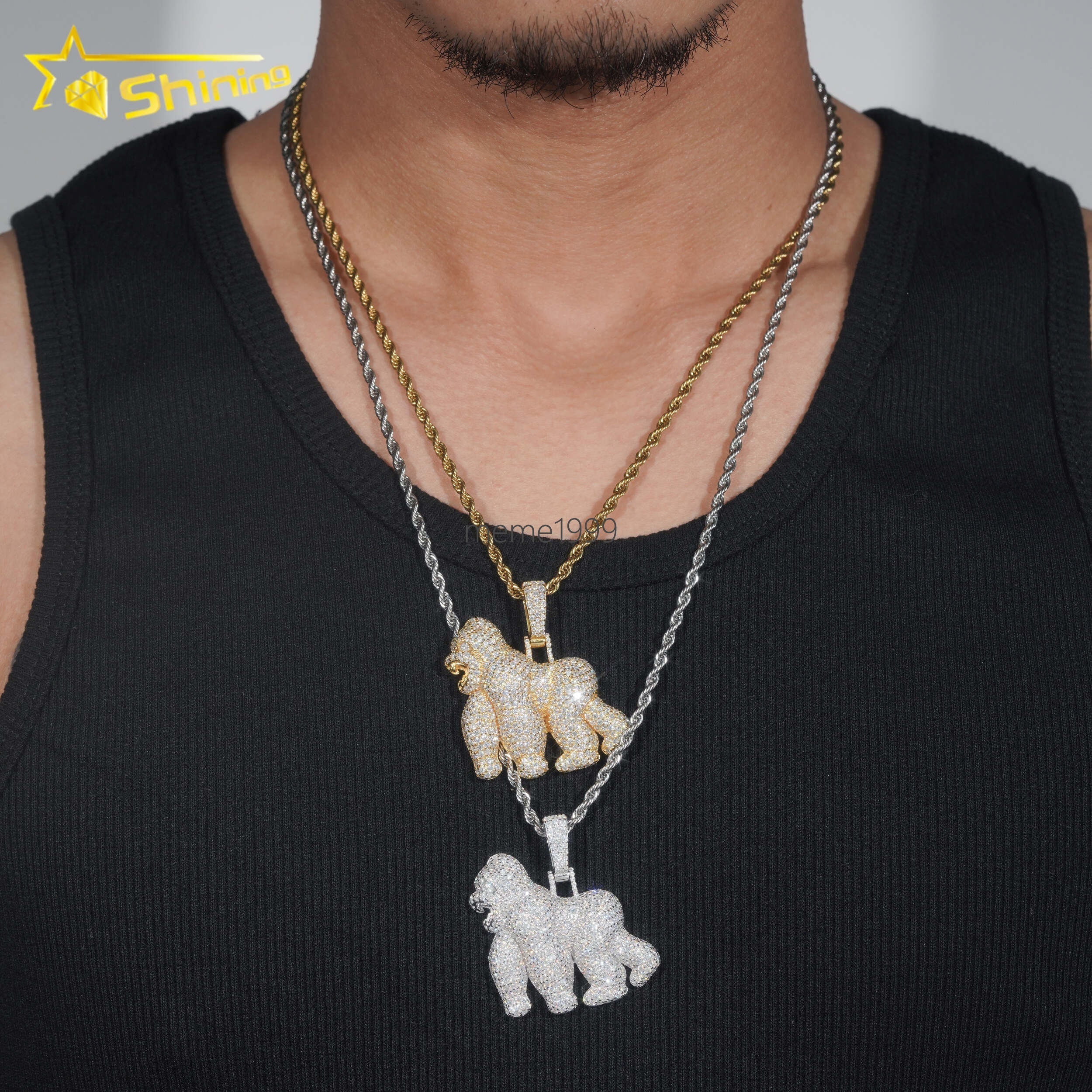 Hip Hop Jewelry Pass Tester 925 Sterling Silver Gold Plated Fully Iced Out Custom Animal Gorilla 1.5in 3D Moissanite Pendant