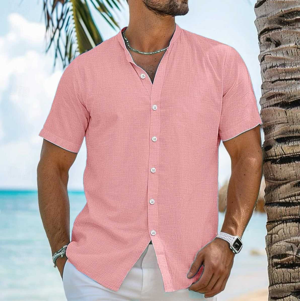 Mens shirt linen stand collar shirt beachwear solid color vacation short sleeve shirt summer clothing fast delivery Y250819