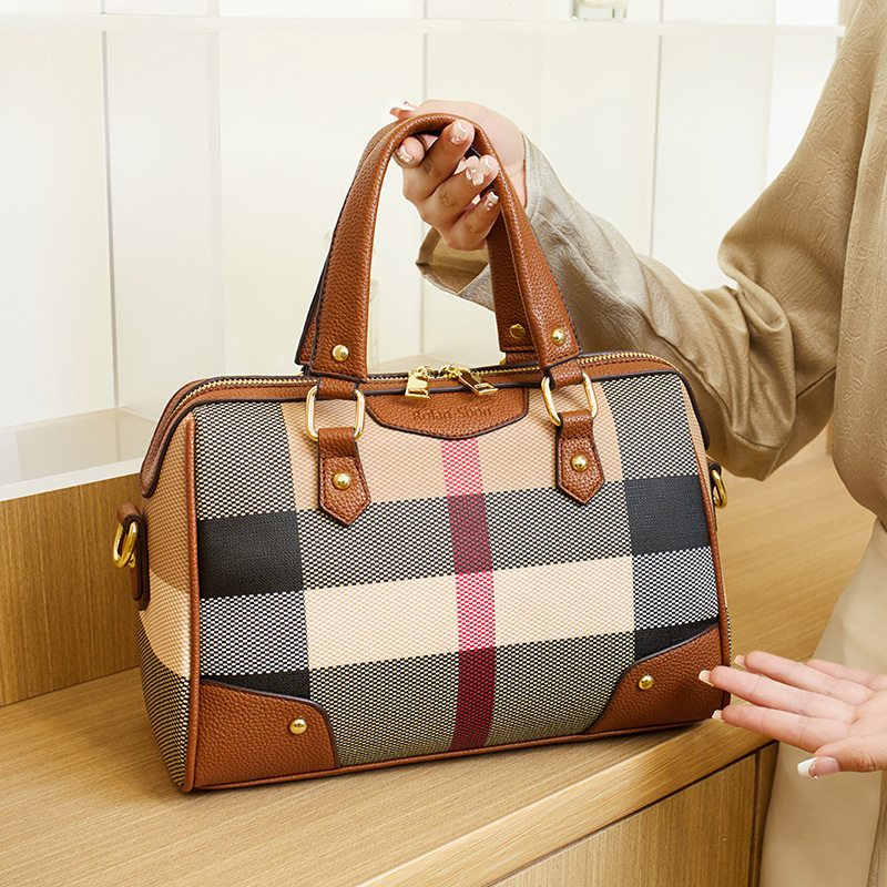2024 New Boston Plaid Texture Large Bag European and American Big-Name Women's Handbag Crossbody Shoulder Bag Pillow Bag