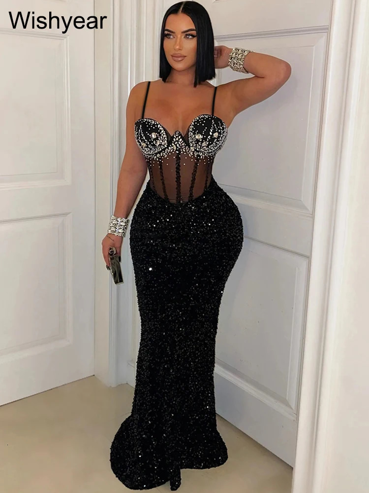 Women Sexy Mesh Velvet Diamonds Sequin Patchwork Long Dress Sleeveless Spaghetti Strap Bodycon Birthday Party Evening Robe 250815