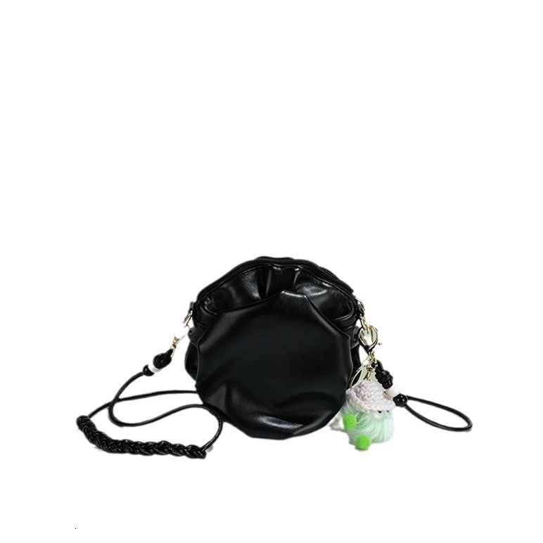 2025 autumn cute girl pleated leather small round bag small bag women's new single shoulder crossbody bag Korean style women's crossbody bag