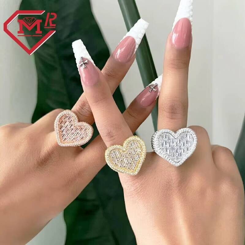 Full Iced Chunky Heart Shaped Moissanite Ring 925 Silver Icy Baguette Moissanite Diamond Hip Hop Ring for Women