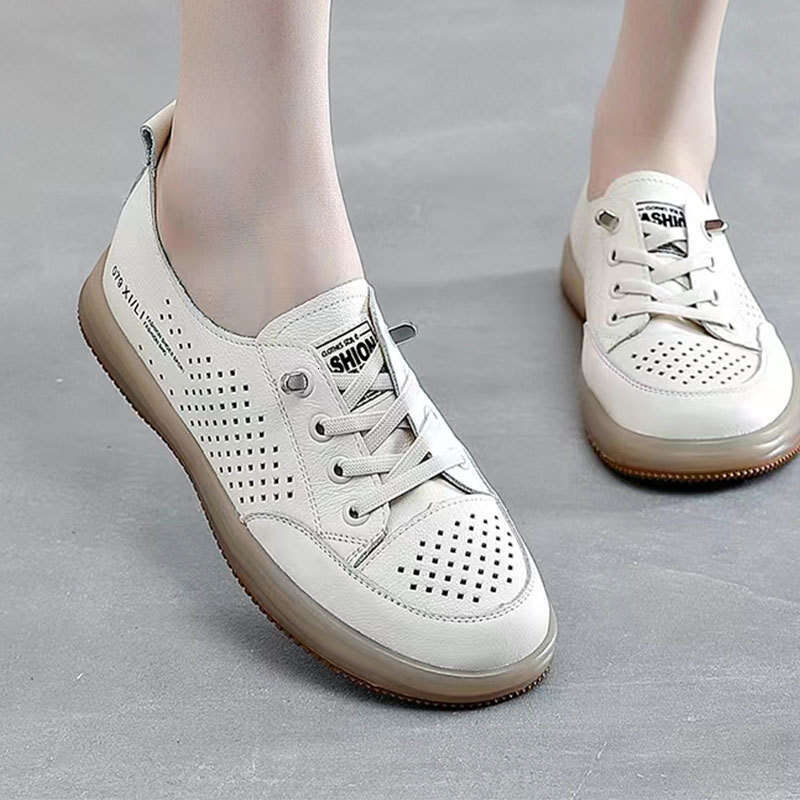2023 Summer Top Layer Cowhide for Women Casual White Soft Sole Perforated Sports Mom Ins Slip-On Hole Shoes