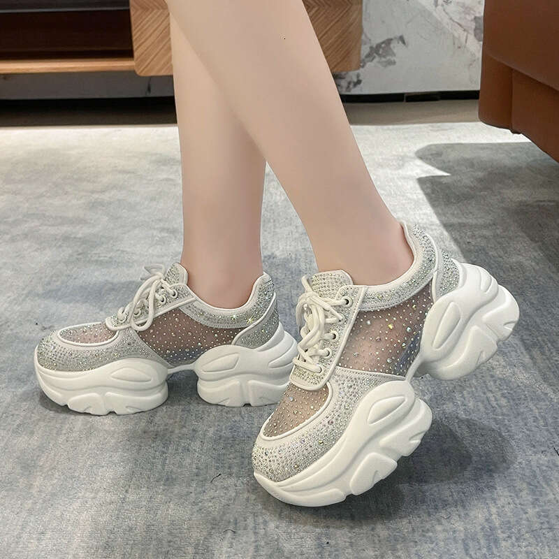 2023 Summer Breathable Thin Women's Trendy Mesh Round Toe Rhinestone Platform Thick Sole Casual Sports Dad Shoes for Women