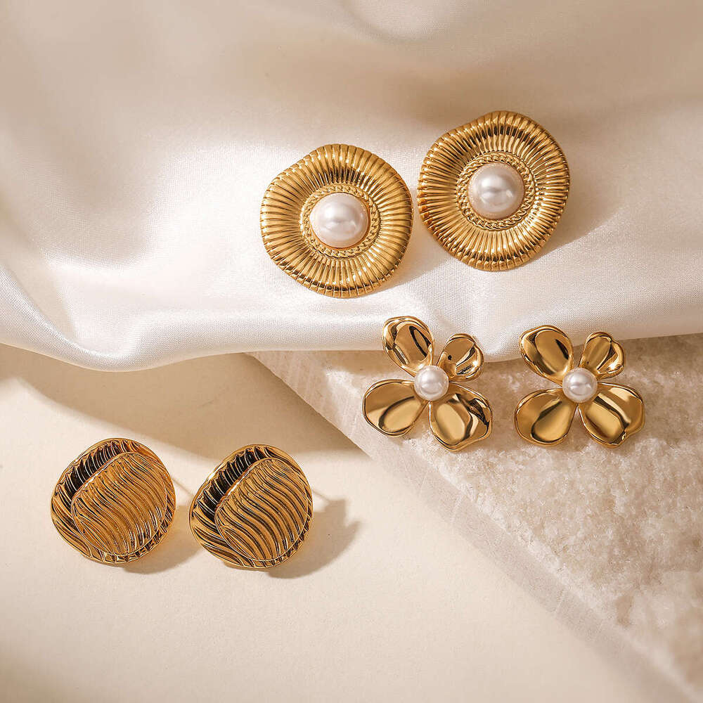 Hot-Selling Gold-Plated Geometric Flower Stainless Steel Earrings for Women, Niche Simple Designer Ear Jewelry