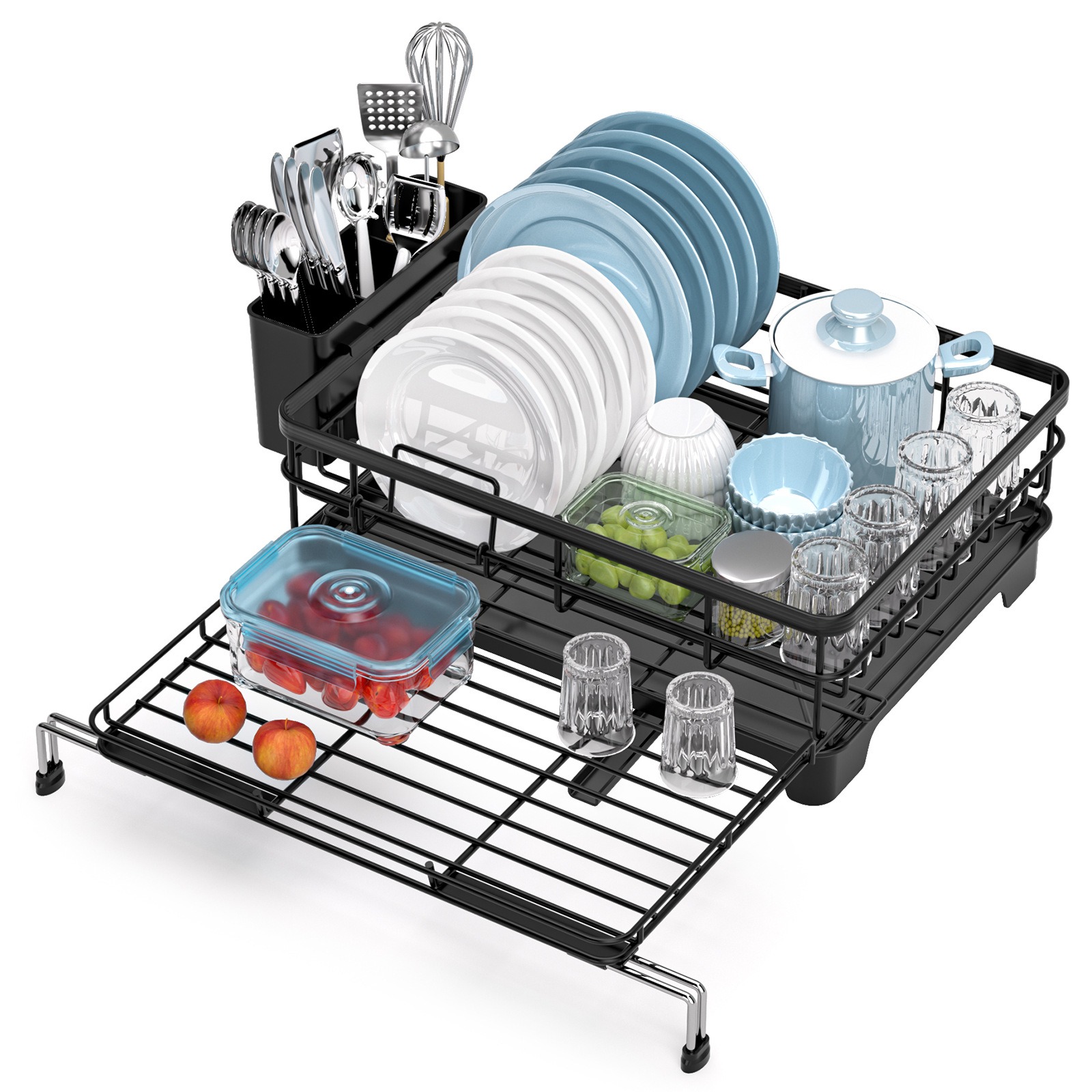 Extendable Dish Drying Rack for Kitchen Counter & Sink - Large Dish Drainer with Utensil Holder Anti-Rust Black Dish Rack Over The Sink Drying Rack & 