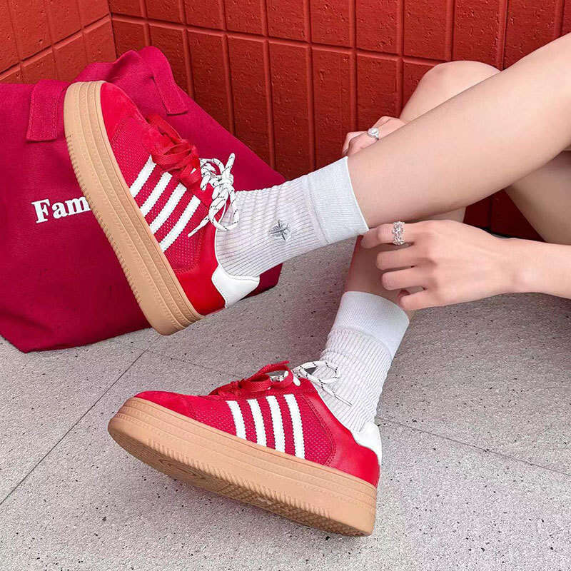 2025 Summer Mesh Breathable Thick Sole Height Increasing Slimming Genuine Leather German Training Color-Block Double Shoelaces Campus Casual Shoes