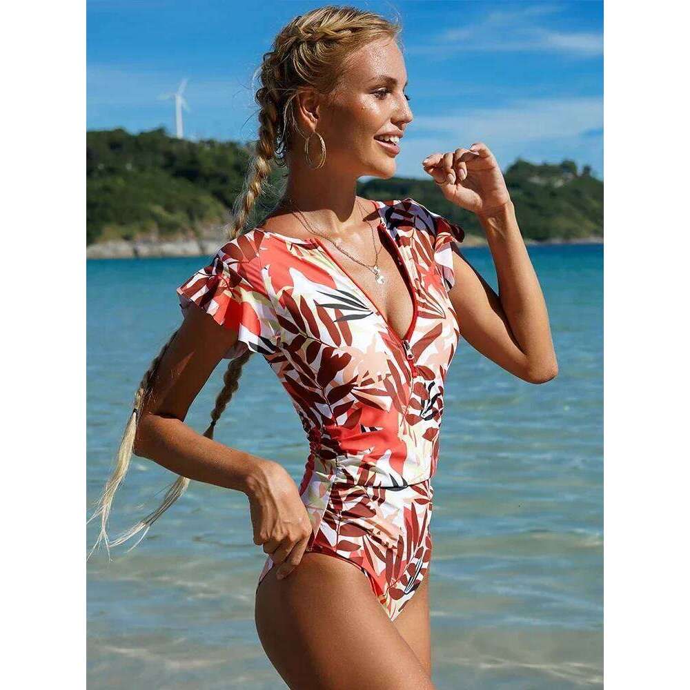 Vintage Print Women's Swimsuit One Piece Zipper Ruffle Swimwear Sexy High Cut Monokini Bathing Suit Women Surf Beachwear