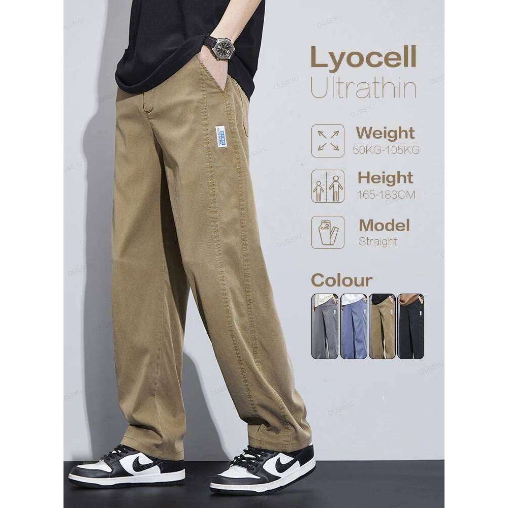 High Quality Summer Ultrathin Soft Lyocell Fabric Men's Casual Pants Elastic Waist Breathe Loose Straight Trousers Plus Size 5XL