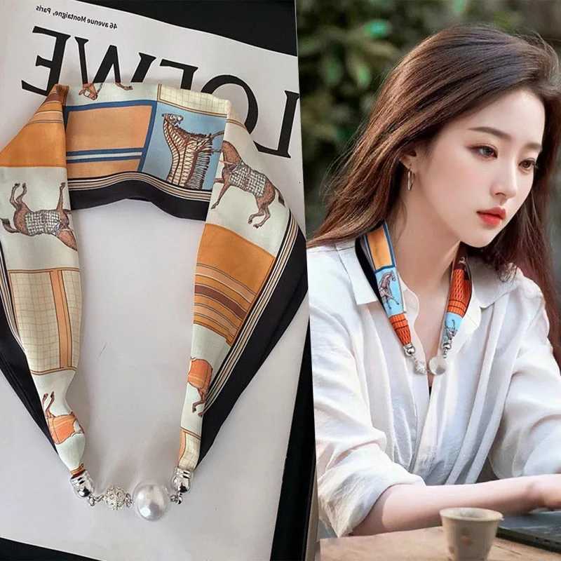 New Luxury Design Magnetic Pearls Button Silk Scarf Women Summer Neck Ornament Silk Scarves La Shirt Sunscreen Decoration Gift XJ250820