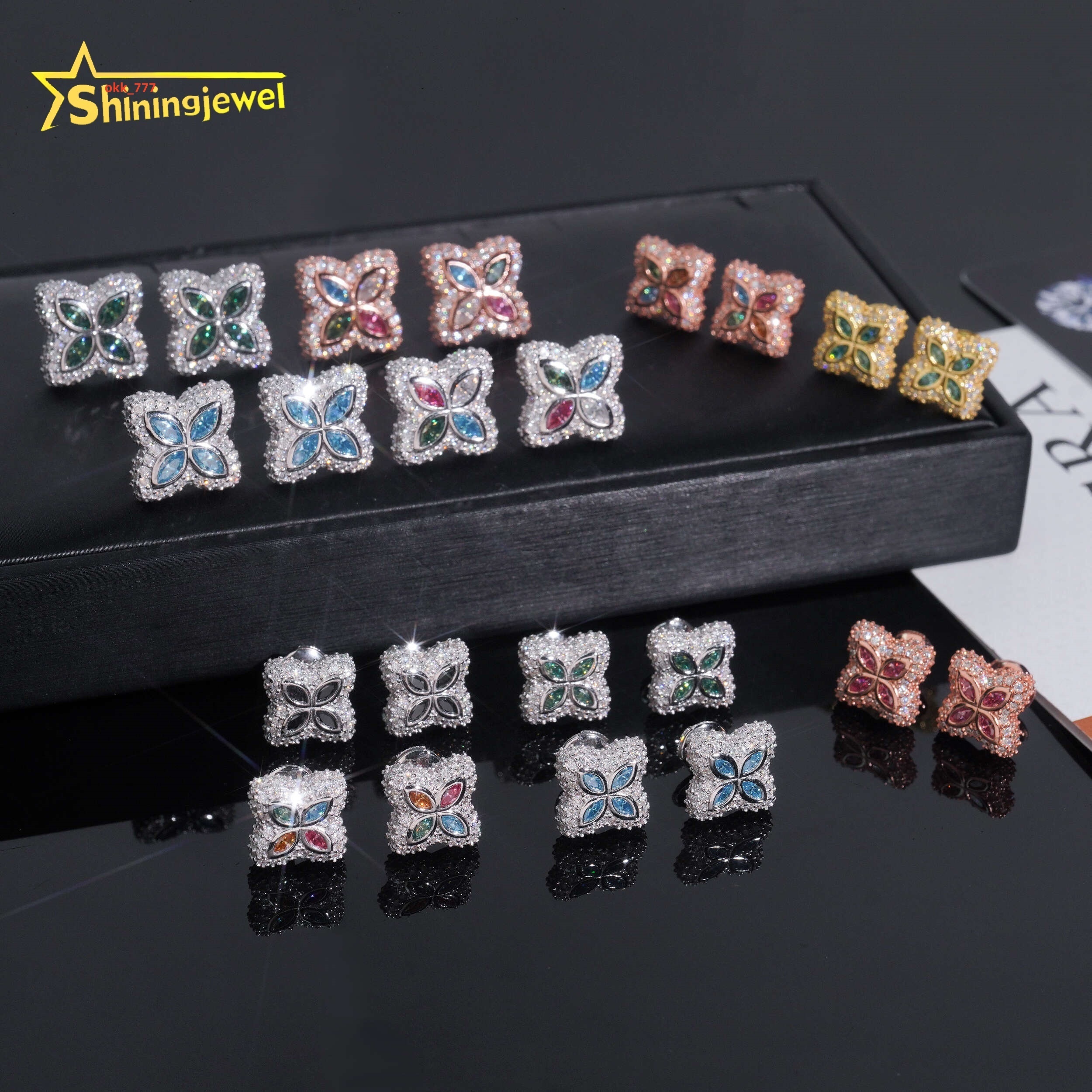 925 Sterling Silver Colored Clover Earrings Moissanite Screw Back Fine Jewelry Men Women Iced Out Moissanite Earrings Daily Wear