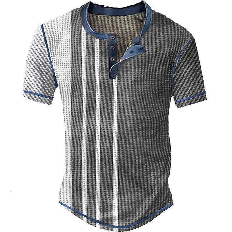 Striped Color Block 3D Printed Henley Shirts Mens Fashion Vintage Streetwear Button Short Sleeve T Shirt Tees Tops Man Clothing Y250819