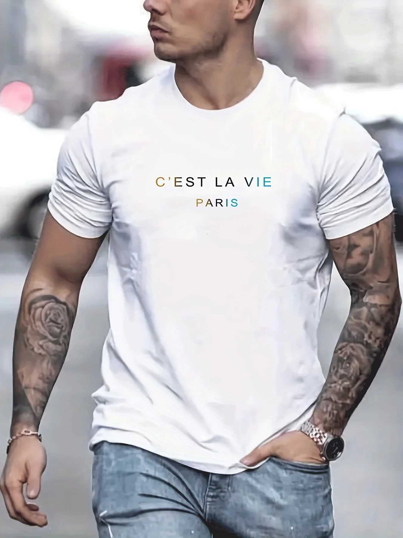 Mens summer 100% pure cotton fashionable casual sports loose Paris letter printed round neck short sleeved T-shirt top Y250819