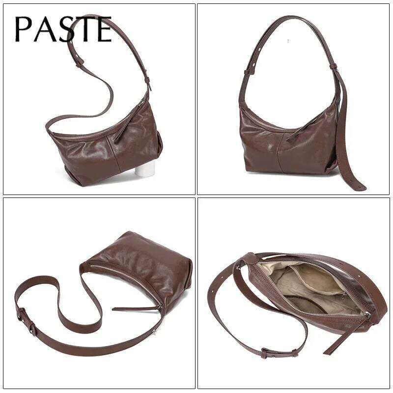Less Is More Minimalist Style Coffee Color Hobo Tote Vegetable Tanned Cow Leather Women Shoulder Bag Adjustable Handle Handbag