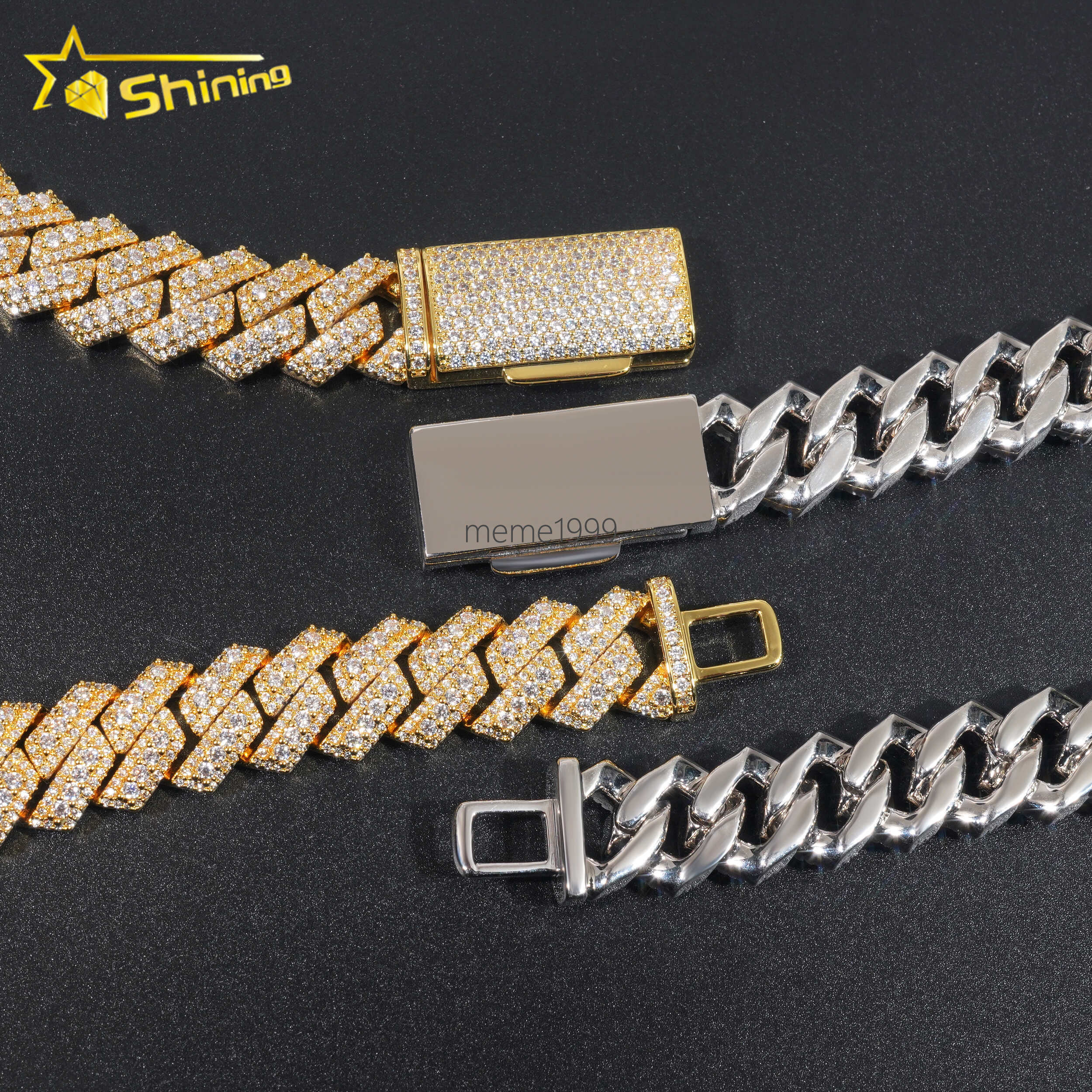 Fashion Hip Hop Jewelry Cuban Link Chain Men 2Rows 15MM Width 18K Gold Plated Round moissanite Brass Cuban Chain