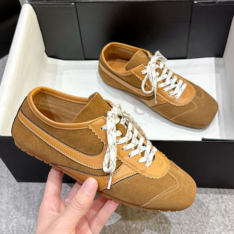 Cowhide Brown Forrest Gump Training for Women Genuine Leather Versatile Lace-up Sneakers Flat Sports Running Casual Shoes